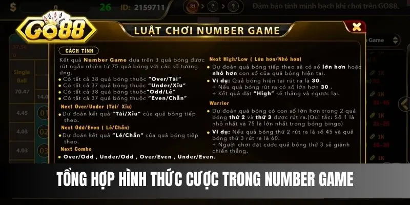 Tổng hợp hình thức cược trong Number Game